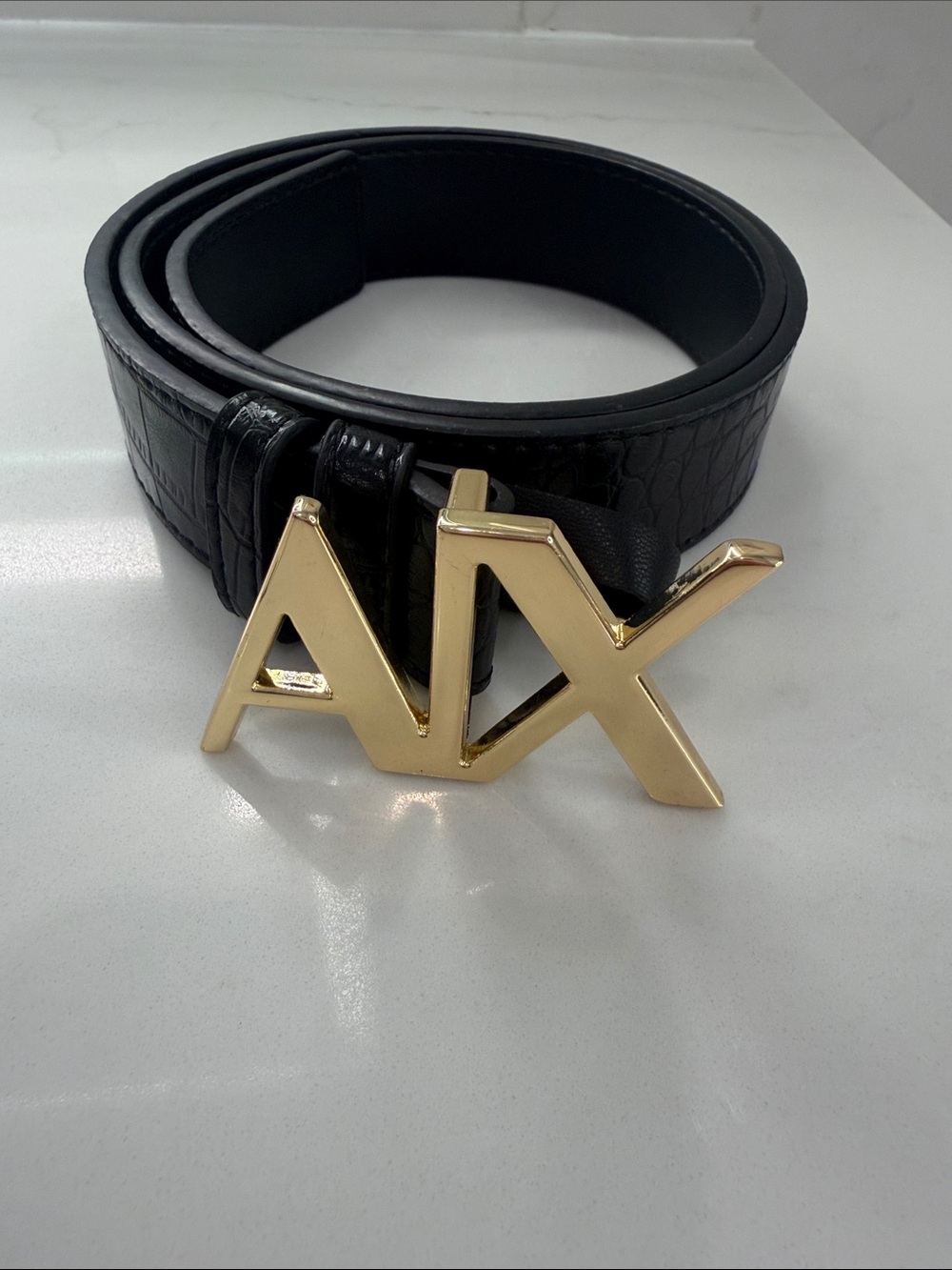 A|X Gold Logo Buckle Black Croc-Embossed Leather Belt